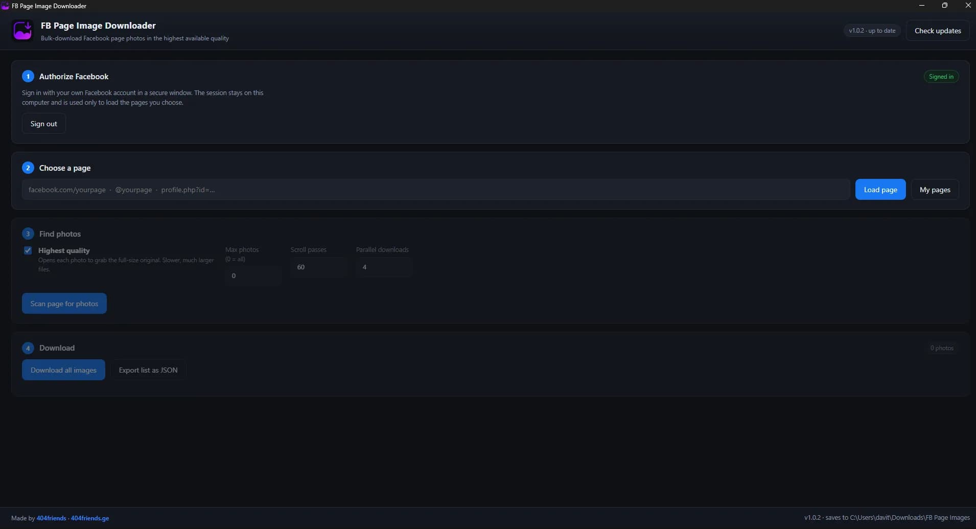 FB Page Image Downloader main window with page input, scan progress and download list